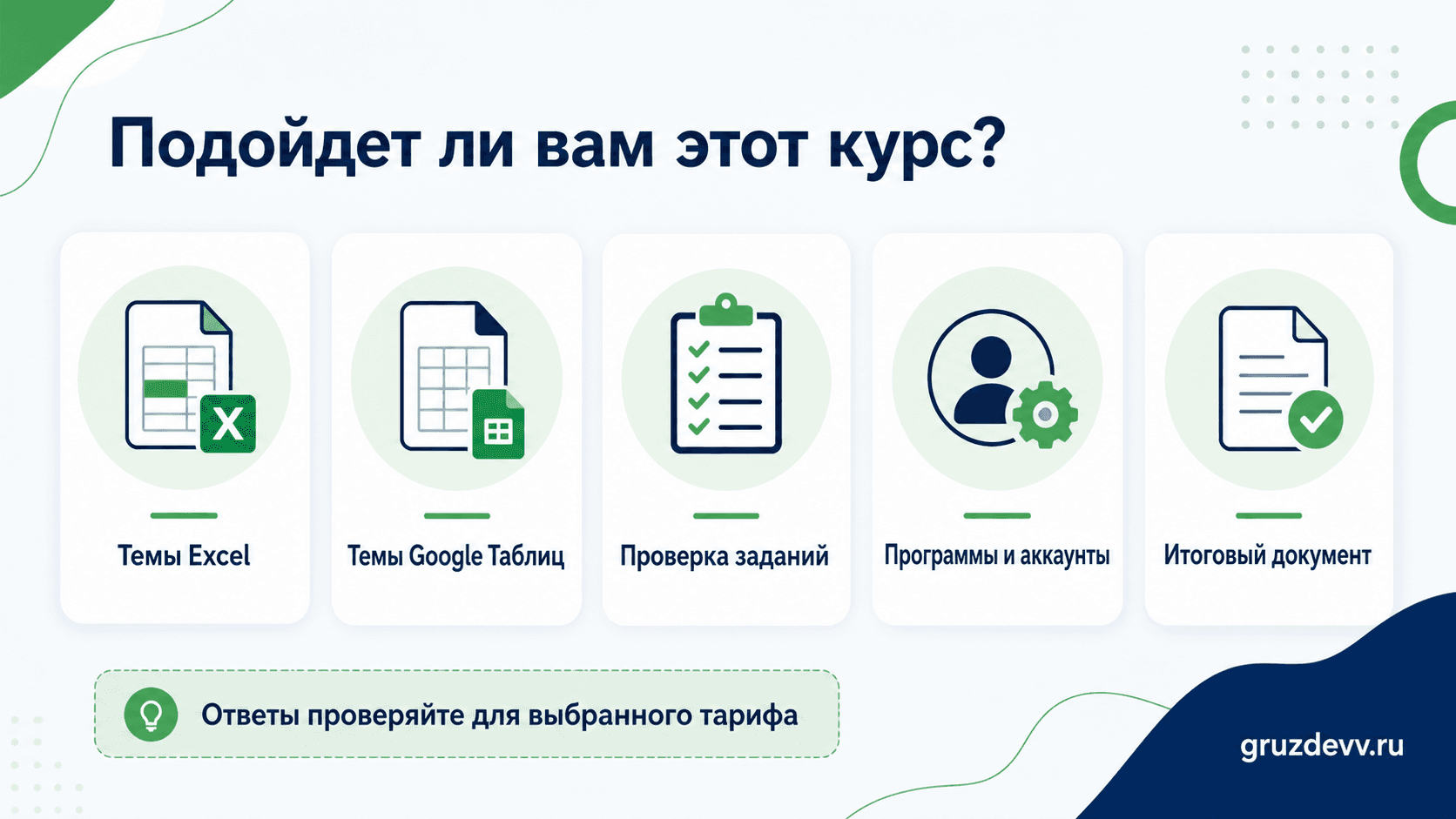Чек-лист выбора курса Excel и Google-таблицы с проверкой практики и требований