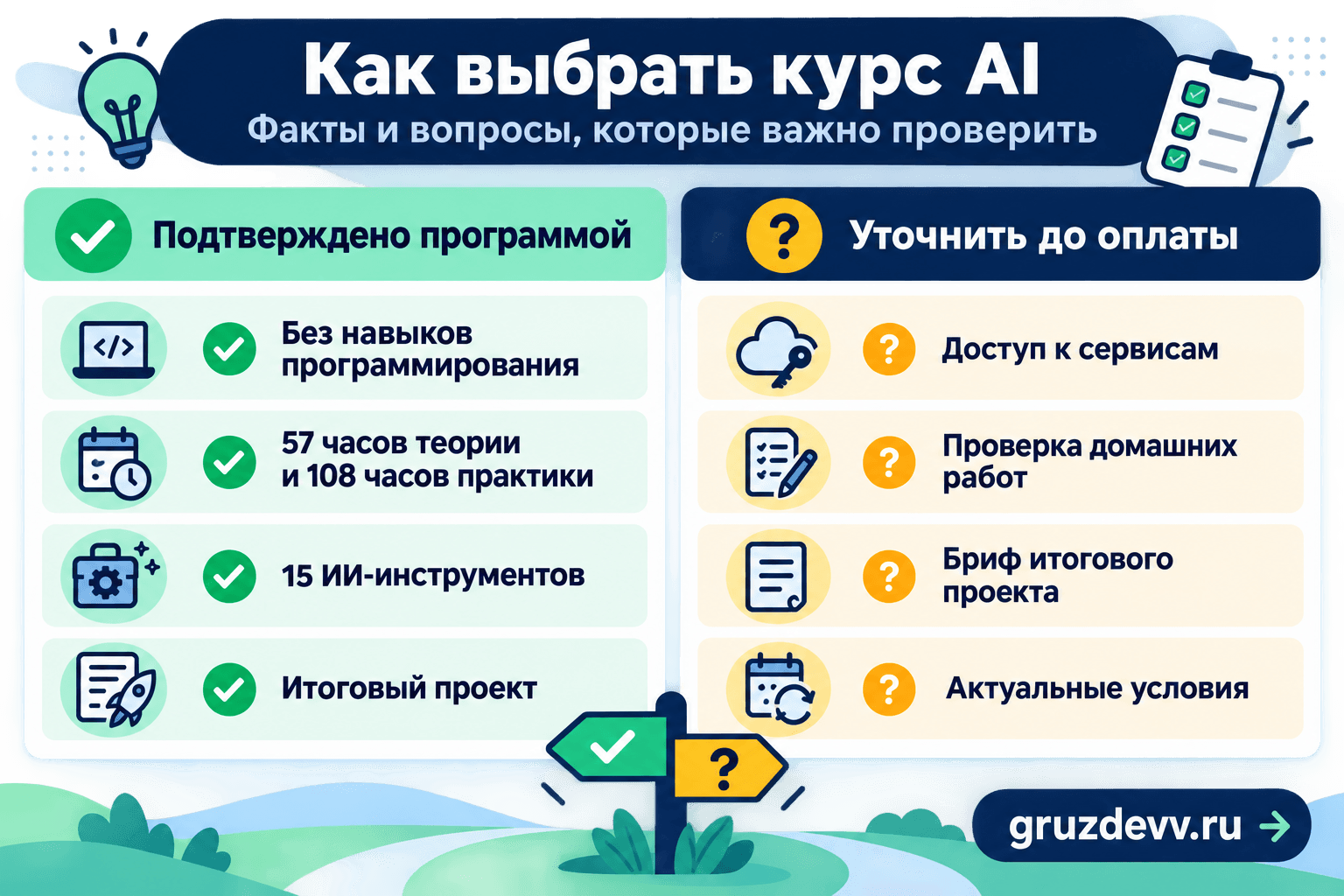 Памятка по курсу Нетологии «AI-архитектор с нуля до PRO»: подтверждённые характеристики и вопросы перед оплатой