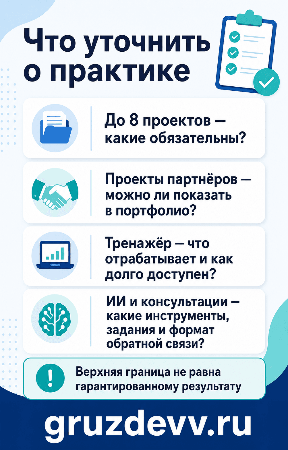 Чек-лист вопросов о проектах, тренажёре, ИИ и консультациях перед покупкой курса